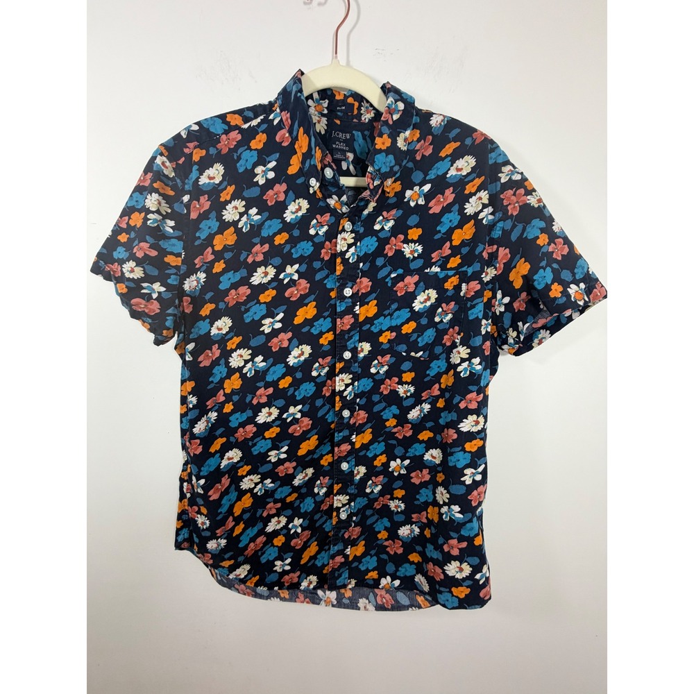 J.Crew Slim Flex Washed Floral Button Down Shirt Blue Mens Large Short Sleeve
